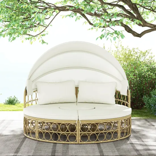 Costway Outdoor Patio Round Daybed with Retractable Canopy Soft Cushions for Garden White {4}