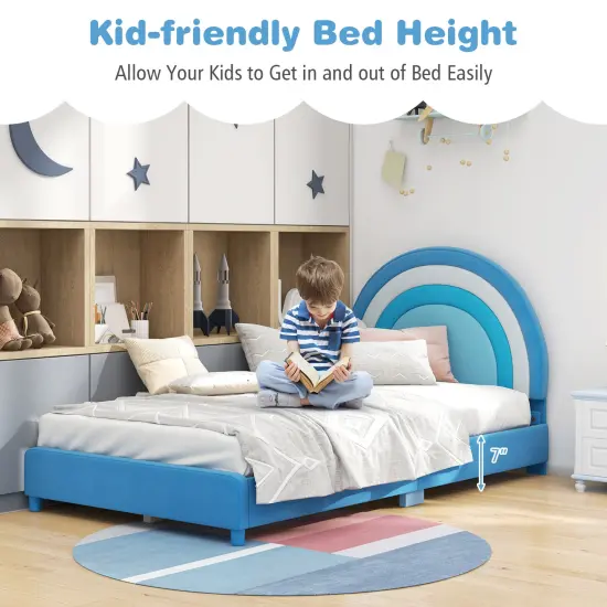 Velvet Kids Twin Bed with Adjustable Headboard Sturdy Wooden Frame and Soft Upholstery Blue {6}