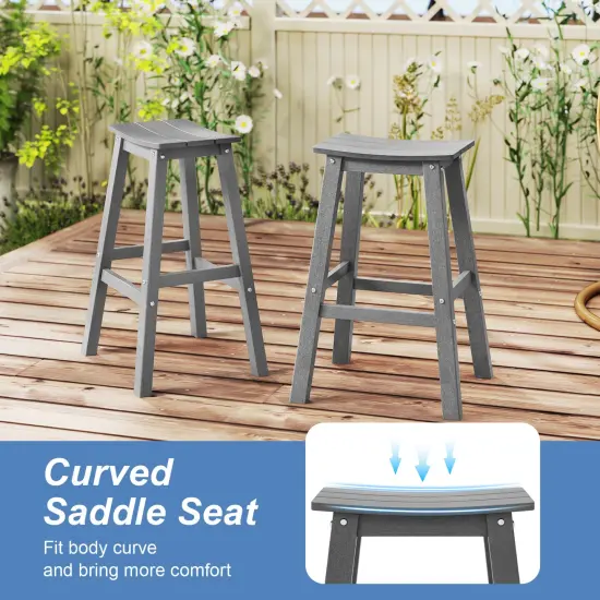 29 Inch HDPE Patio Bar Stool Set of 2, Armless Saddle Design, Weather-Resistant, Outdoor Seating Grey {6}