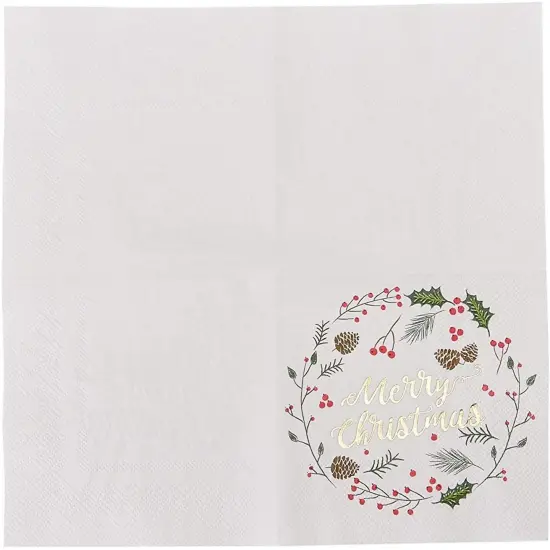 Juvale 50 Pack Merry Christmas Paper Cocktail Napkins for Holiday Party Supplies, Wreath with Gold Foil Design - 5 x 5 Inches White Napkins for Christmas Party {6}