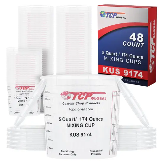 Paint Mixing Cups, 5-Quart (48 Pack) - Plastic Measuring Cups for Liquids, Automotive Painting, Epoxy Resin, Acrylic Arts, Crafts, Disposable or Reusable, Graduated, Mixing Ratios {1}