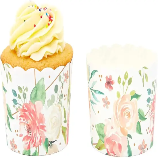 50 Pack Floral Cupcake Wrappers for Wedding, Watercolor Flower Paper Baking Cups and Muffin Liners for Garden Tea Parties, Baking Favors, Bridal or Baby Showers- (2.25 x 2.75 In) {5}