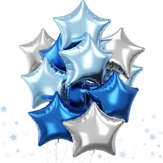 Blue Star Foil Balloons, 18 Inch Royal Blue Silver Stars Shape Mylar Helium Balloons 12 Pcs Large Light Blue Silver Pentagram Balloons Party Decoration for Birthday Graduation Baby Shower {1}