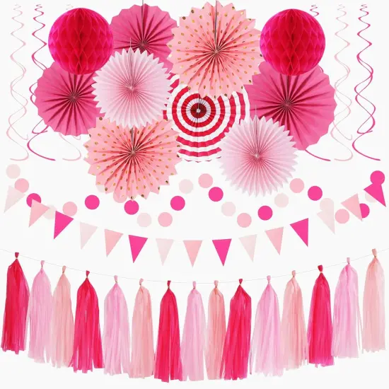 Hot-Pink Rose Red Party-Decorations - 33pcs Banner,Streamers Tassel Garland,Tissue Pom Poms Honeycomb,Paper Lanterns Fan,Birthday Wedding Bridal Baby Shower Bachelorette Engagement Decor {1}