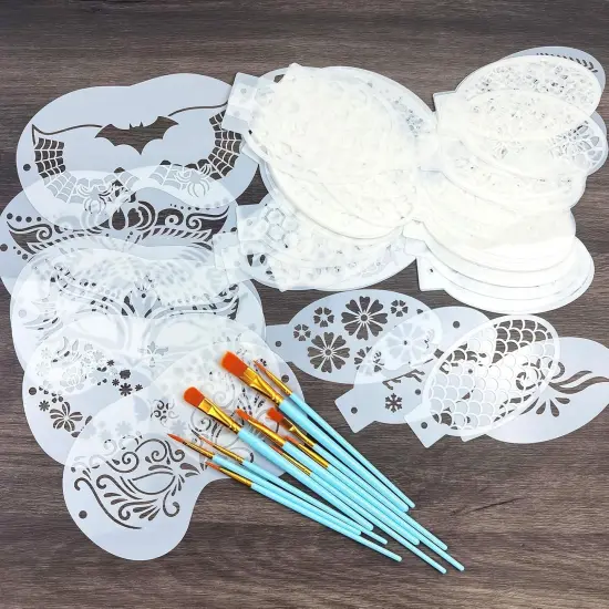 69 Pcs Facial Painting Stencils & 10 Pcs Painting Brushes(Plastic) {3}