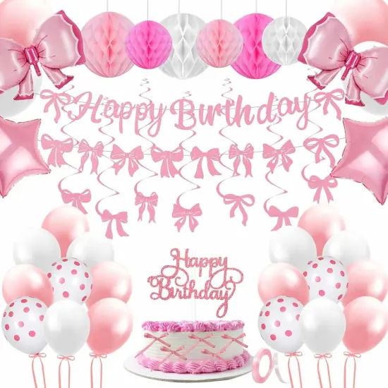 Pink Bow Party Decorations, 47 Pcs Coquette Birthday Party Decorations, Pre-Strung Happy Birthday Banner Bow Garland for Girls Birthday Baby Shower Bridal Shower Bachelorette Party Decor {1}