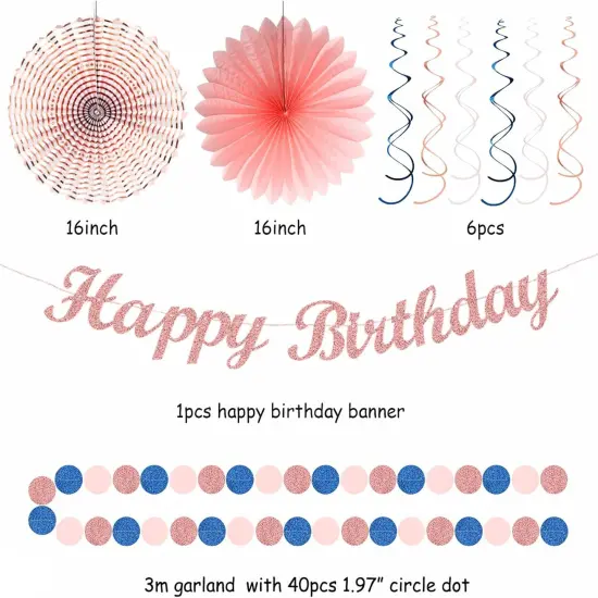 Pink Rose-Gold Navy-Blue Birthday Party-decorations - 21pcs Women Girl Happy Banner Garland, Paper Streamers Lanterns,Flower Tissue Pom Poms Fan Supplies, Princess Wall Backdrop Decor {3}