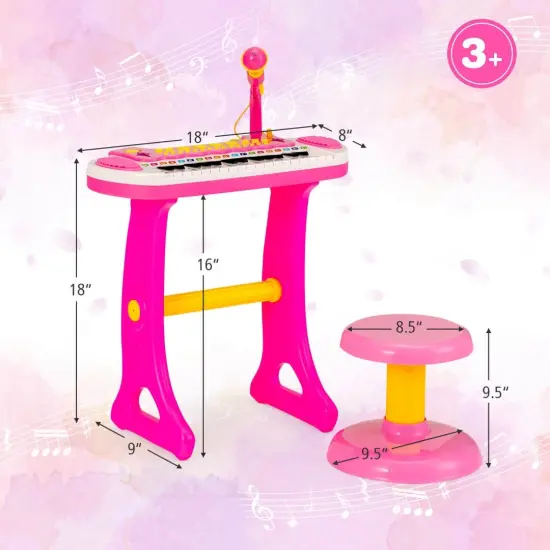 Kids Piano Keyboard with Adjustable Microphone and Stool Pink {6}