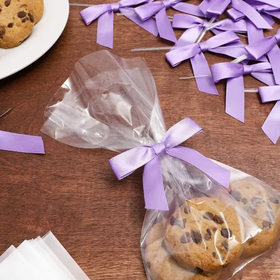 100 Pack Purple Twist Tie Bows for Treat Bags, 3" Small Satin Ribbons for Craft Decoration, Gift Wrap, Themed Party Favors, Baked Goods {4}