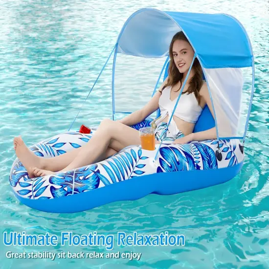 Pool Floats with Canopy - Inflatable Pool Float Adult Lounger Floaties Raft Floating Chair for Swimming Pool Lake Water Lounge Float with Cup Holders Beach Pool Party Toys for Adults {5}
