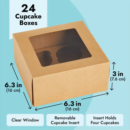 24 Pack Cupcake Containers with Windows, 6x6 Boxes with 4 Count Inserts for Muffins (Kraft Paper) Brown {3}