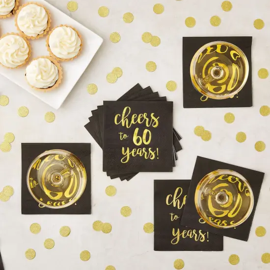 50 Pack Cheers to 60 Years Cocktail Napkins for 60th Birthday, Anniversary Party Supplies, 3-Ply, Black and Gold Foil (5 x 5 In) {2}