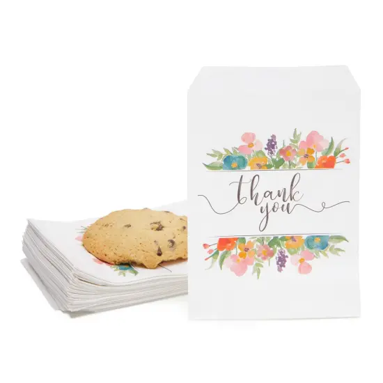 100 Pack Paper Cookie Bags, 7.5 x 5 Inch for Party Favors, Treats, Candy, Wedding, Individual Bag with Floral Thank You Design, Mini Gift Bags for Snacks, Goodies Multicolor {1}