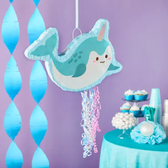 Pull String Narwhal Pinata for Birthday Party Supplies, Under the Sea Party Decorations, Baby Shower (Small, 16.5 x 12.3 x 3 In) Blue {3}