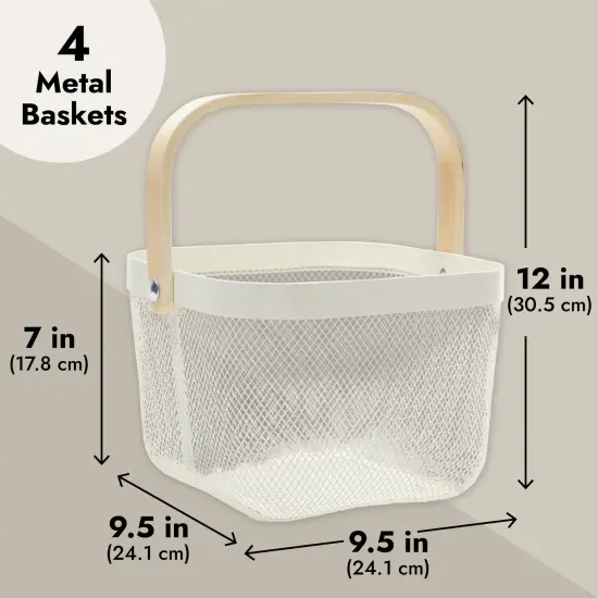 4 Pack Square Metal Mesh Fruit Basket with Wooden Handle for Kitchen, Pantry Storage and Organization (9.5 x 7 In, White) {4}