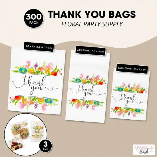 Floral Thank You Goodie Bags, Party Decor in 3 Sizes (300 Pack) White {2}