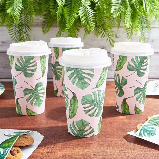 48 Pack Disposable 16oz Coffee Cups with Lids, Paper To Go Coffee Cups for Themed Birthday Party, Wedding, Baby Shower (Tropical) Green {3}