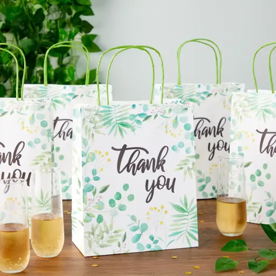50 Pack Green Leaf Paper Gift Bags with Handles, White Thank You Bag for Small Business Boutique, Baby Shower Party Favors, 10x8x4 in {2}