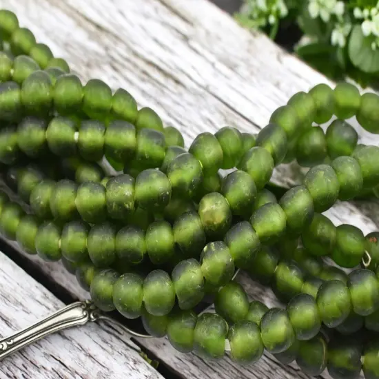 9-10mm Matte Olivine African Recycled Glass Beads (19" Strand) {1}