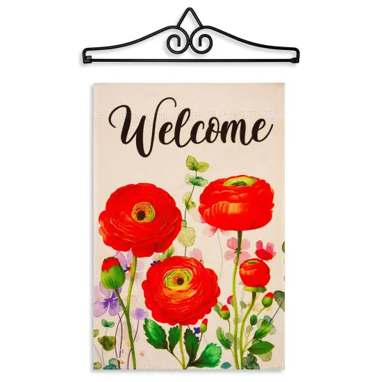 G128 Combo Pack Garden Flag Hanger 14IN & Garden Flag Spring Welcome Red Orange Flowers Printed 12x18IN Double Sided Yard Garden Lawn Decoration {1}