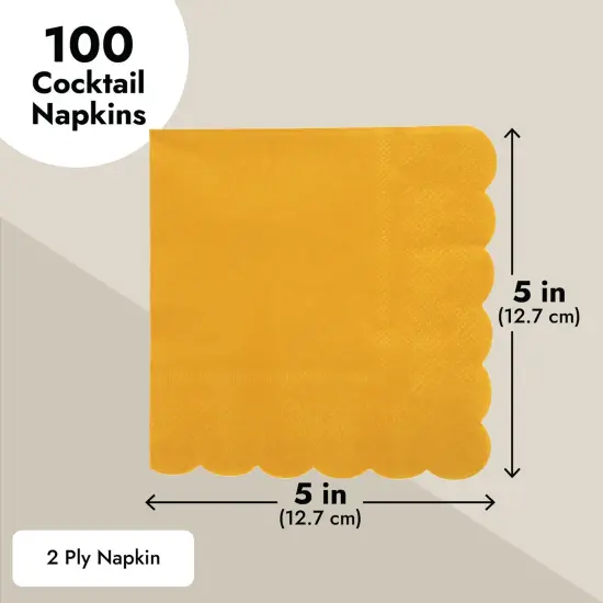 100 Pack Mustard Yellow Paper Napkins - Scalloped Cocktail Napkins, Disposable for Wedding, Birthday Party (5x5 In) {3}