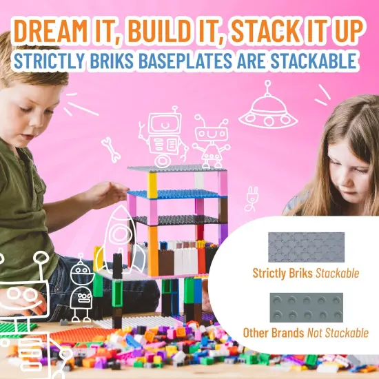 Strictly Briks Classic Stackable Baseplates, Building Bricks For Towers, Shelves, and More, 100% Compatible with All Major Brands, Charcoal Gray, 4 Base Plates & 30 Stackers, 6x6 Inches, Ages 3-14 Grey {5}