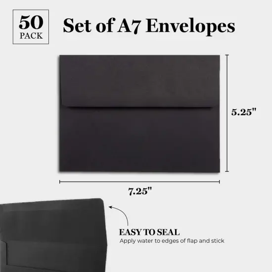 50 Pack Black Envelopes - Bulk Black 5.25x7.25 Envelopes for Invitations, Wedding, Graduation, Birthday, Greeting Cards (A7, Square Flap) {4}