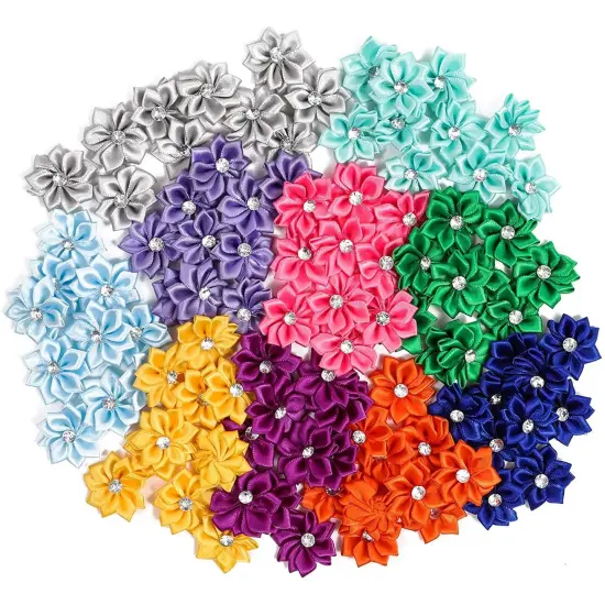Satin Ribbon Daisy Flower Heads with Rhinestones, 10 Colors (1.2 in, 100 Pack) Multicolor {1}