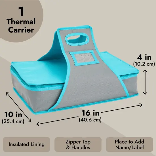 Thermal Insulated Casserole Carrier - Food Warmer Bag Container to Keep Food Hot for Lunch, Potluck Dish, Picnics, Pie, Transport (Teal and Gray, 16x10x4 in) Blue {4}