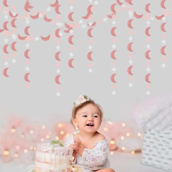 Pink Rose-Gold Moon-Star Party-Decorations Garland - 52Ft Twinkle Little Star Hanging Decoration Streamers Banner, Eid Ramadan Mubarak Decoration Birthday Wedding Baby Shower Party Decor {2}