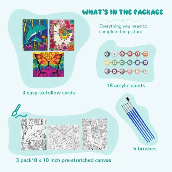 3 Pack Kids Paint by Numbers Kit, Pre-Drawn Canvas Painting, Includes 8x10 inch Framed Canvas with 18 Acrylic Paints, 5 Brushes, Perfect Creative Gifts & Arts and Crafts for Kids {2}