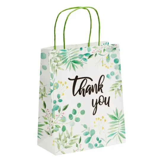 50 Pack Green Leaf Paper Gift Bags with Handles, White Thank You Bag for Small Business Boutique, Baby Shower Party Favors, 10x8x4 in {3}