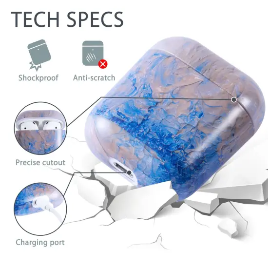 For Apple AirPods 2 / 1 Case, Blue and Gray Marble Protective Cover with Keychain for Women Men {2}