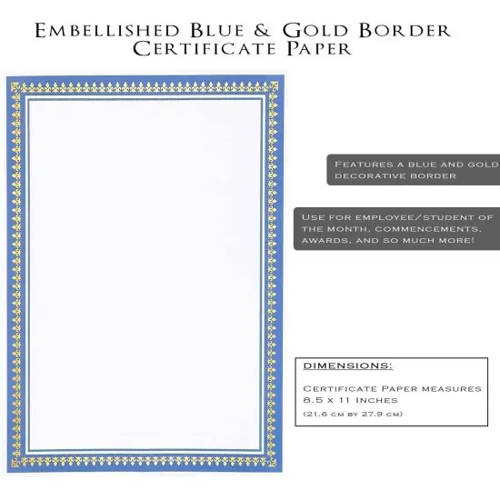 50 Pack Award Certificate Paper with Blue Border 8.5 x 11 for Printing Graduation, Diploma and Achievement (White) {7}