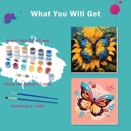 2 Pack Paint by Numbers Kit for Kids Ages 4-12, Butterfly Art Set with 8x8 Inch Framed Canvases, Complete Painting Kit Includes Brushes & Paints, Beginner-Friendly DIY Animal Canvas Art for Children {3}