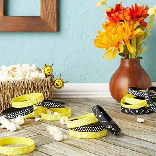 36 Pcs Bee Baby Shower Wristbands Wrist Bands Silicone Rubber Bracelets Party Favors, Black, Yellow {4}