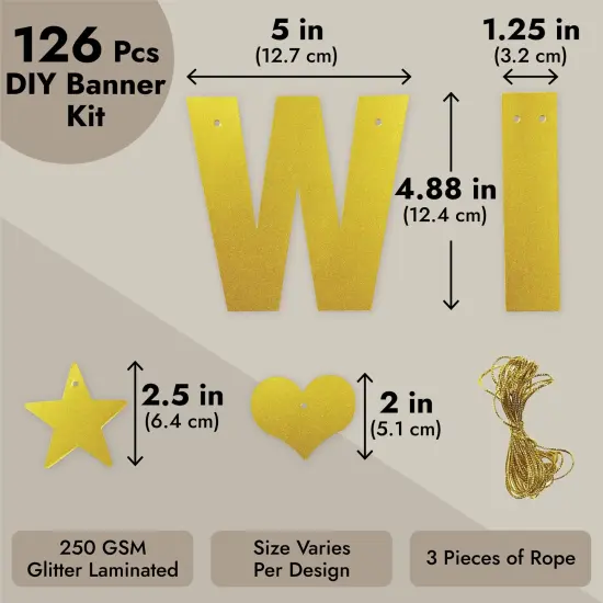 126 Pieces Make Your Own Banner Kit - DIY Banner with Gold Glitter Letters A-Z, Numbers 0-9, Hearts, Stars, and 3 Strings {4}
