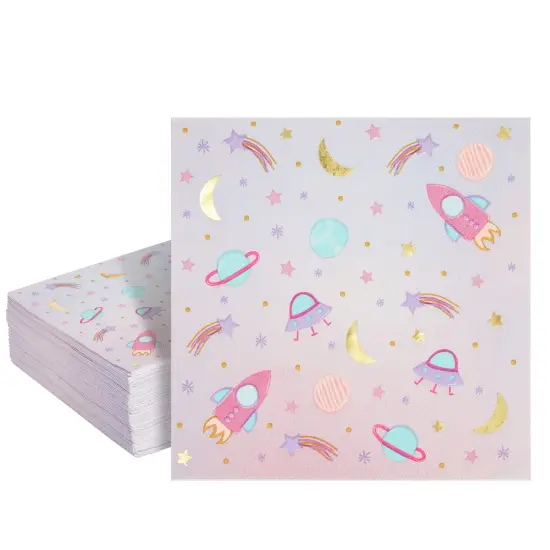 50 Pack Galaxy Space Napkins for Girls Outer Space Birthday Party Supplies (Pink, 5 In) {1}