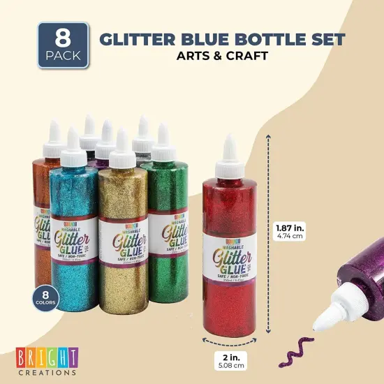 Bright Creations 8 Pack Craft Bottles with Glitter Glue for Kids Ages 3&ndash;14 - 8 oz Each with 16 Caps, Multicolor - Metallic Art Glue for DIY Crafts & School Projects - Washable & Easy Squeeze {2}