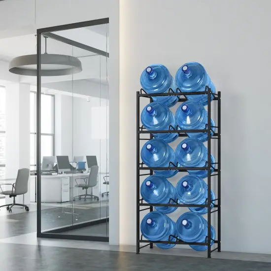 5-Tier Heavy Duty Water Cooler Jug Rack &ndash; 10-Slot Metal Storage Shelf for 5-Gallon Bottles, Detachable Floor Protector for Home/Office/Kitchen, Black {6}