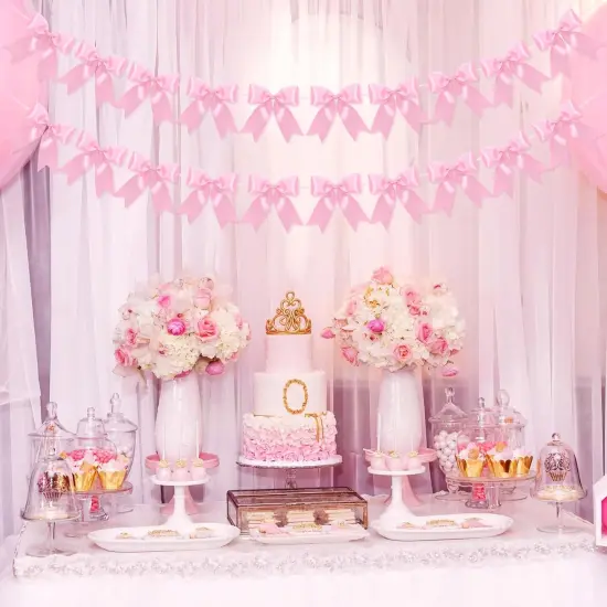 2Pcs Pink Ribbon Bow Banner Garland, Pink Bow Party Decortions for Girls Birthday Decorations, Baby Shower Decor, Bridal Shower Bachelorette Wedding Party Supplies {4}