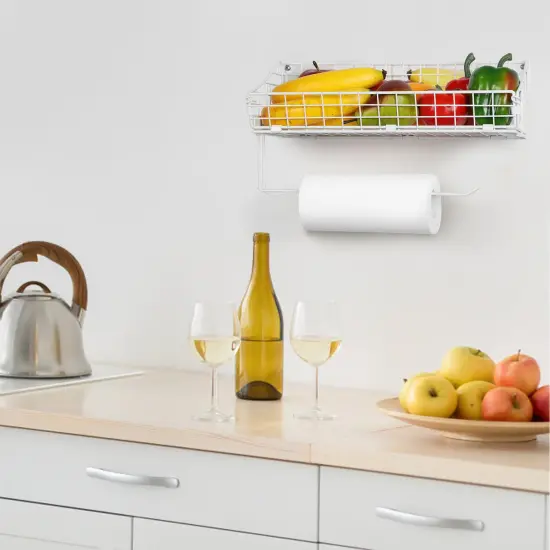 2PCS White Multi-Functional Wall-Mounted Metal Basket Organizer with Foldable Paper Towel Holder &ndash; Space-Saving Storage Shelf for Kitchen, Bathroom, Bedroom & Hallway {5}