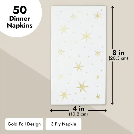 50 Pack Gold and White Dinner Napkins with Stars, Decorative Disposable Gold Foil for Baby Shower, Birthday, Holidays (3-Ply, 4 x 8 In) {4}