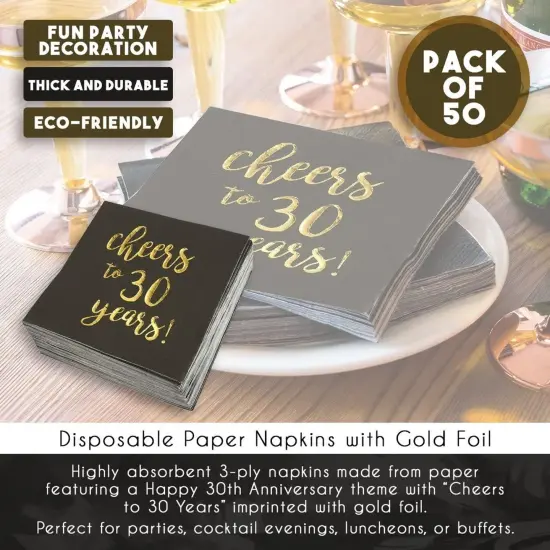50 Pack Cheers to 30 Years Cocktail Napkins for 30th Birthday, Anniversary Party Supplies, 3-Ply, Black and Gold Foil (5 x 5 In) {5}