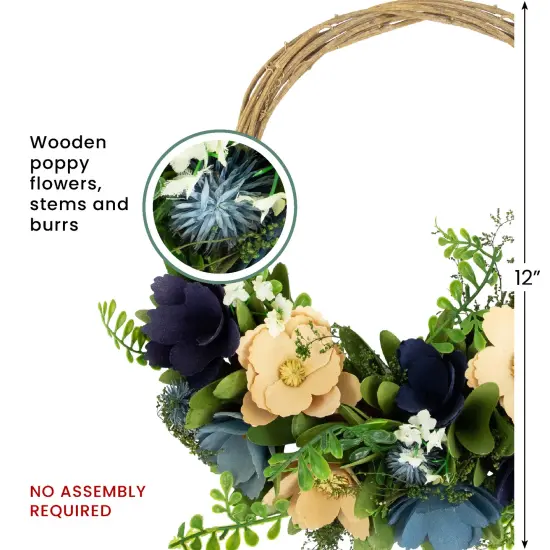 Northlight 12" Blue and Tan Poppy Floral Wooden Spring Basket Wreath {7}