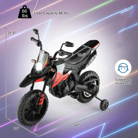 Metal 12V Kids Motorcycle with Dual Motors, Music and Training Wheels Red {4}