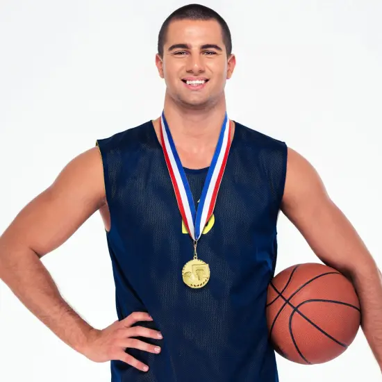 12 Pack Basketball Medals for Kids and Adults, Team Participation Trophies, Awards, Party Favors, Red, White, and Blue Stripes 15.5" Ribbon (2 in, Metal, Gold) {6}