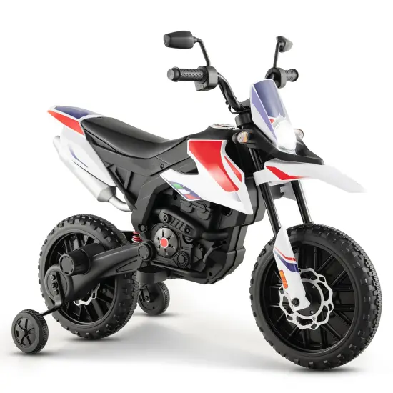 Metal 12V Kids Motorcycle with Dual Motors, Music and Training Wheels White {9}