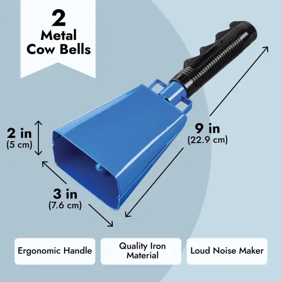 2 Pack 9-inch Cowbells for Sporting Events, Percussion Noise Makers with Handle for Football Games, Stadiums (Blue) {4}