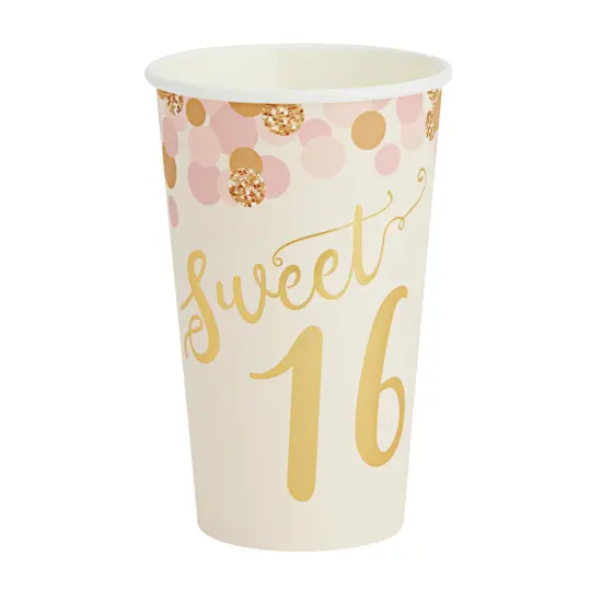 50 Pack 16 oz Paper Pink Party Cups for Girls Sweet 16 Party Supplies (Rose Gold Foil) {6}